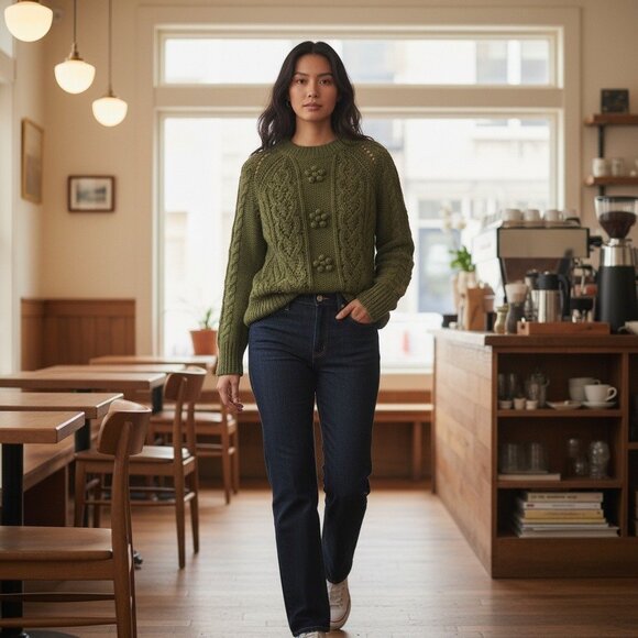 J Crew. Women Chunky Knit Green Sweater With Floral Detailing Size Large - Picture 2 of 14